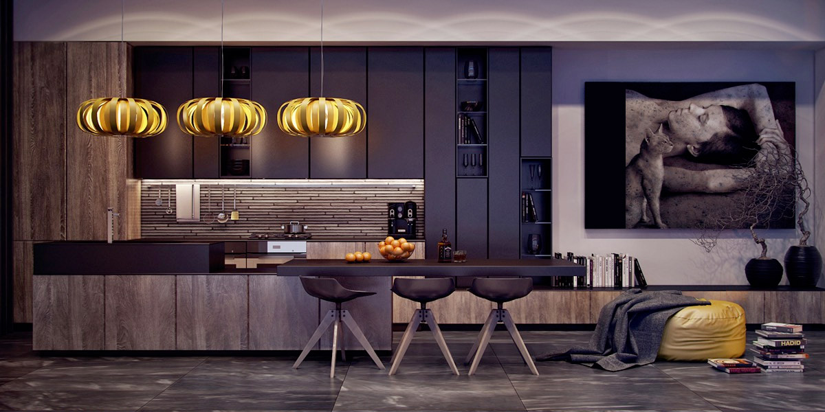 blue kitchen with many cabinets