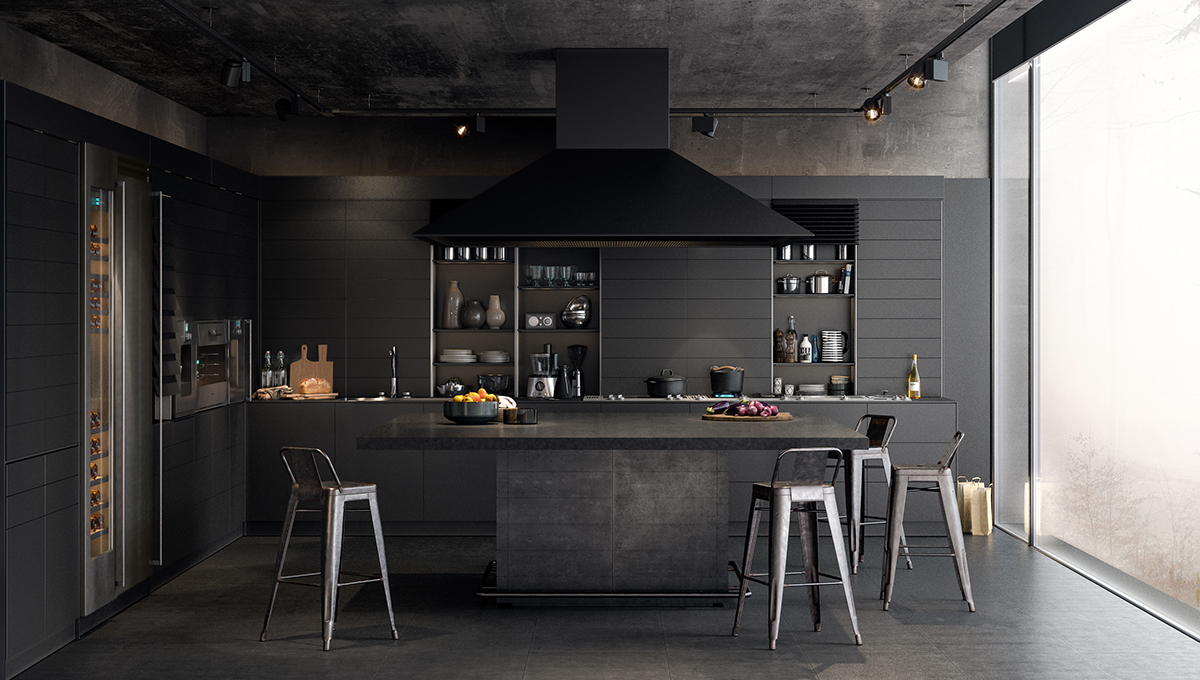 View between an island a built in fridge of a luxurious kitchen.